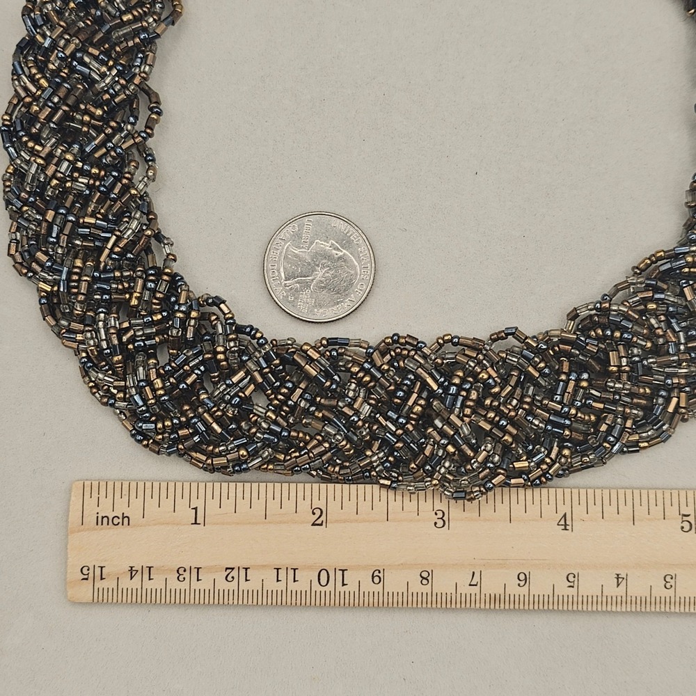Braid Seed Bead Statement Necklace 21" Torsade Bronze Gold Tones Bib Boho Earthy - Picture 10 of 12